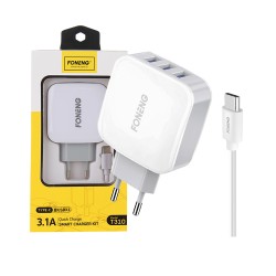 Adaptador Carregador Rápido Foneng T310 com Tipo C Cabo 3 USB 3,1A Branco Adaptador Carregador Rápido Foneng T310 com Tipo C Cabo 3 USB 3,1A Branco